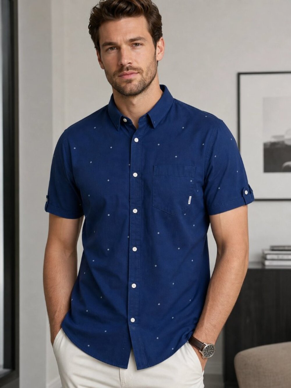 Jack & Jones Navy Short-Sleeve Button-Down with Micro Dot Print
